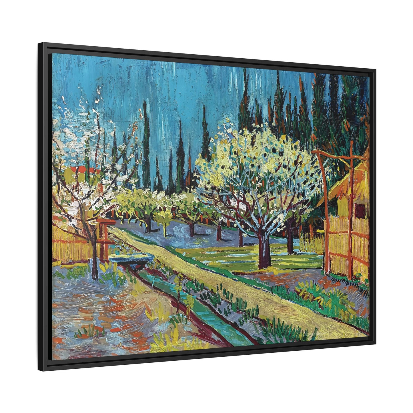Orchard Bordered by Cypresses (1888) by Vincent van Gogh / Toile encadrée sur caisse américaine