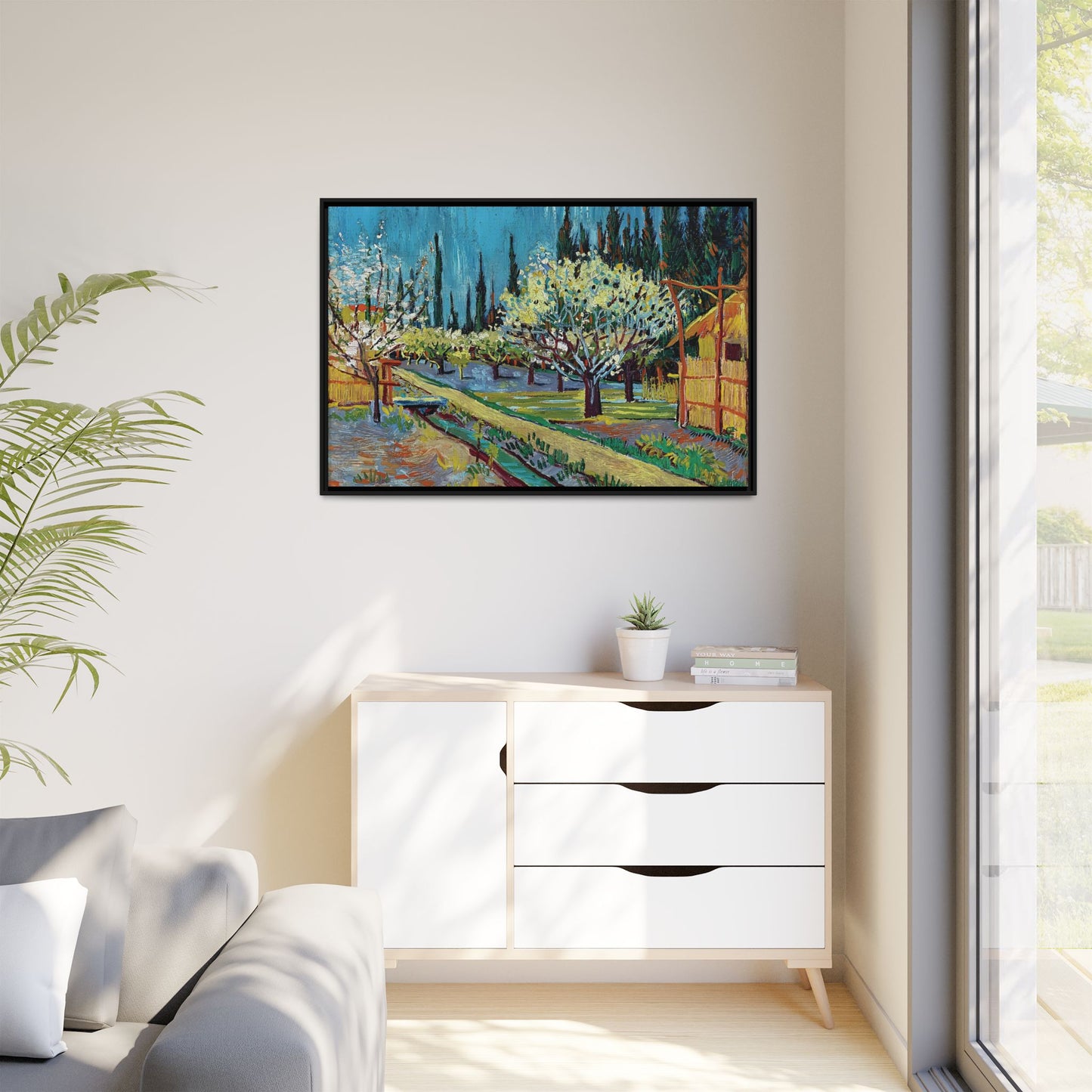 Orchard Bordered by Cypresses (1888) by Vincent van Gogh / Toile encadrée sur caisse américaine