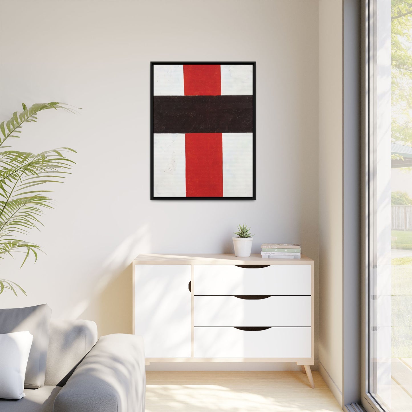 Large cross in black over red on white (1920) by Kazimir Malevich  / Toile encadrée sur caisse américaine