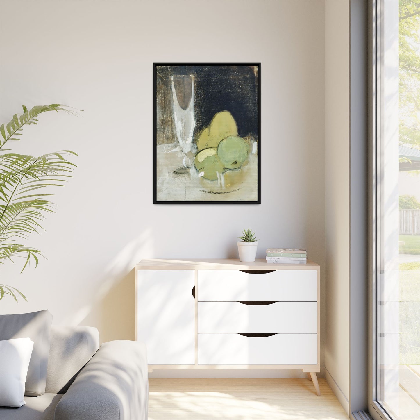 Green Apples And Champagne Glass (1934) by Helene Schjerfbeck  / Toile encadrée sur caisse américaine