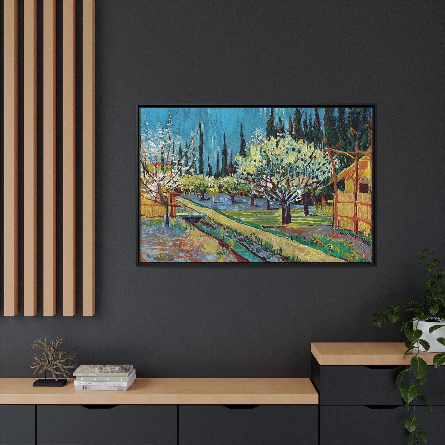 Orchard Bordered by Cypresses (1888) by Vincent van Gogh / Toile encadrée sur caisse américaine